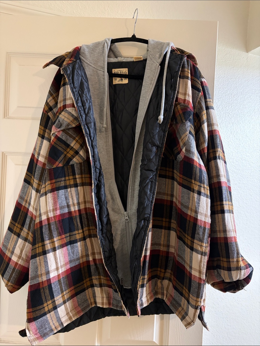 RedHead Men’s Plaid Hooded Shirt Jacket in Brown, Black & Red